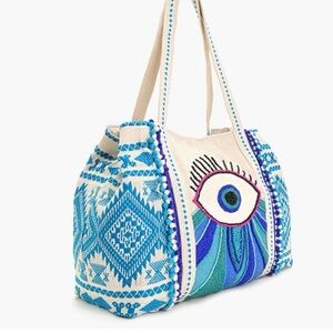 America & Beyond Blue and Cream Embroidered Women's Bag